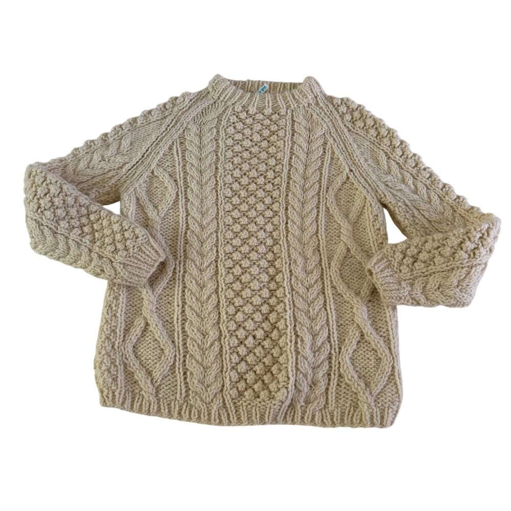 Cream Heavy Cable Knit Pullover Sweater Italian Virgin Wool Wmns S/M Fisherman